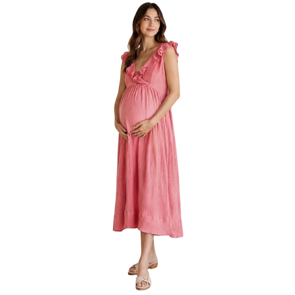 Hatch Dress 0 XS Sarah Cotton Gauze Ruffle V-Neck Smocked Midi Flutter Sleeve